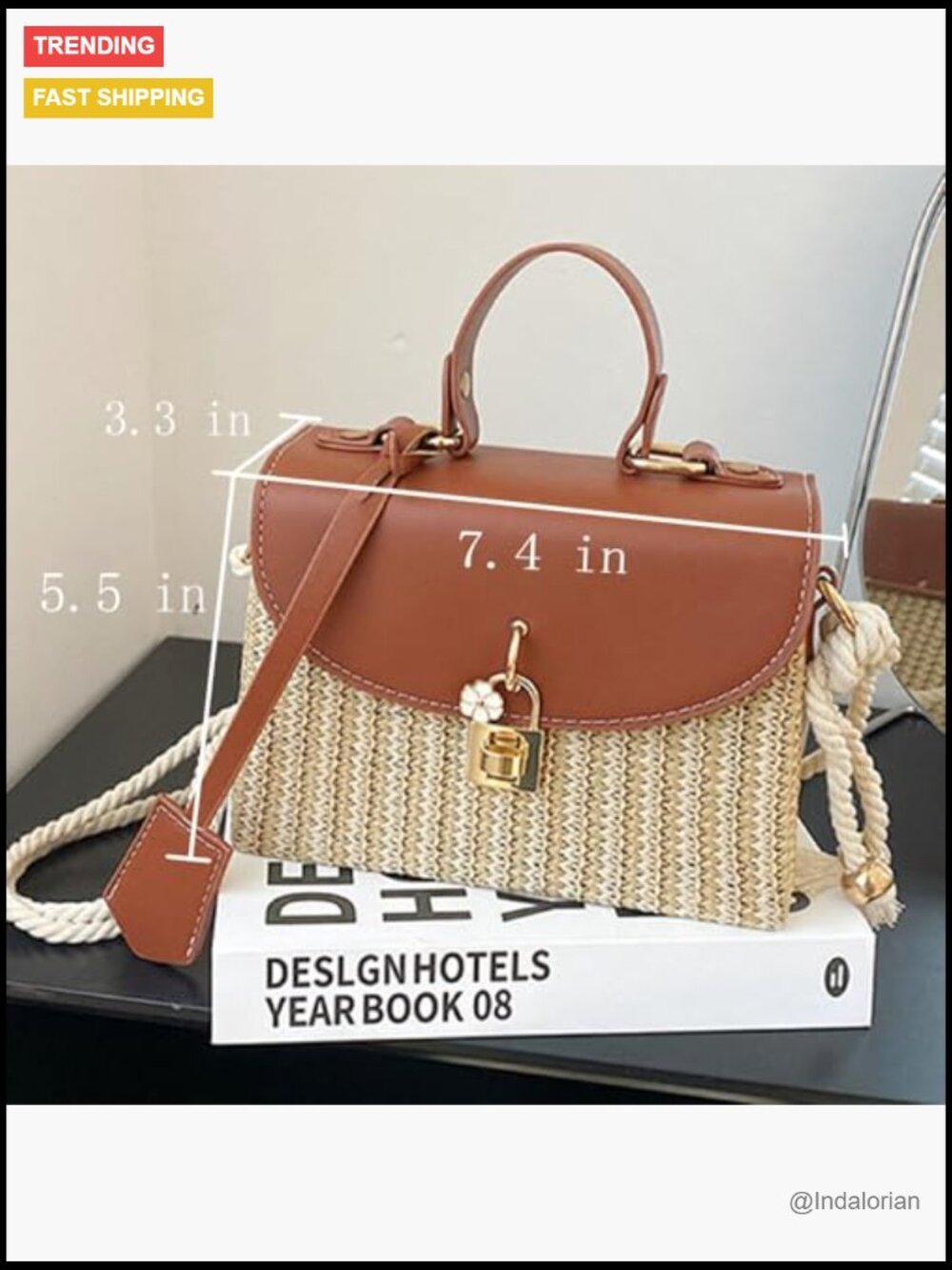 Faux Leather & Straw Patchwork Crossbody Beach Bag, Summer Woven Shoulder Bag - Picture 5 of 6
